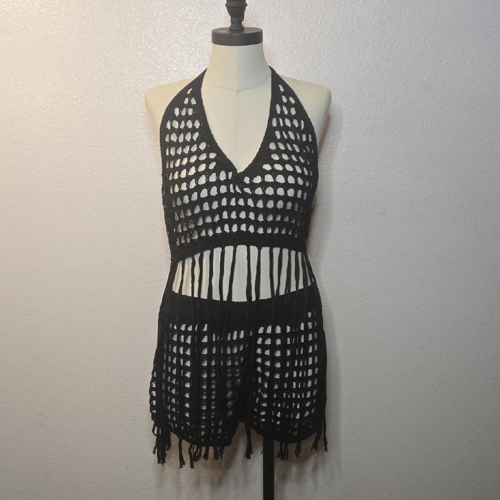 Black Crochet Halter Swim Cover-Up